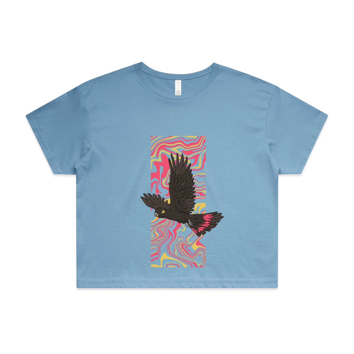Carolina Blue crop top with Black Cockatoo Swirl graphic by Lonely Kids Club