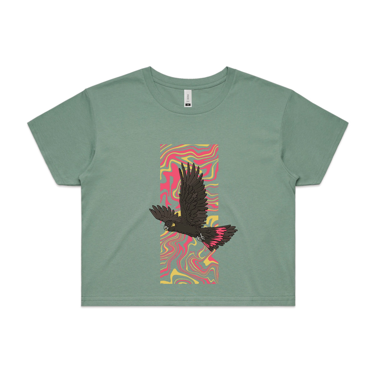 Sage crop top with Black Cockatoo Swirl graphic by Lonely Kids Club