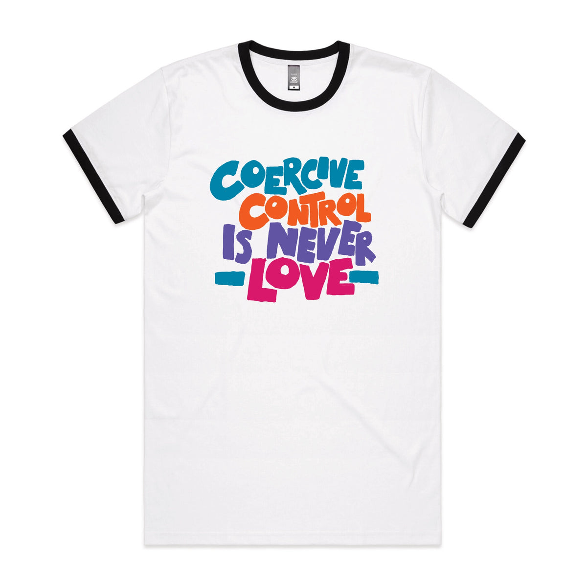Black/White Ringer unisex t-shirt with Coercive Control graphic by Lonely Kids Club