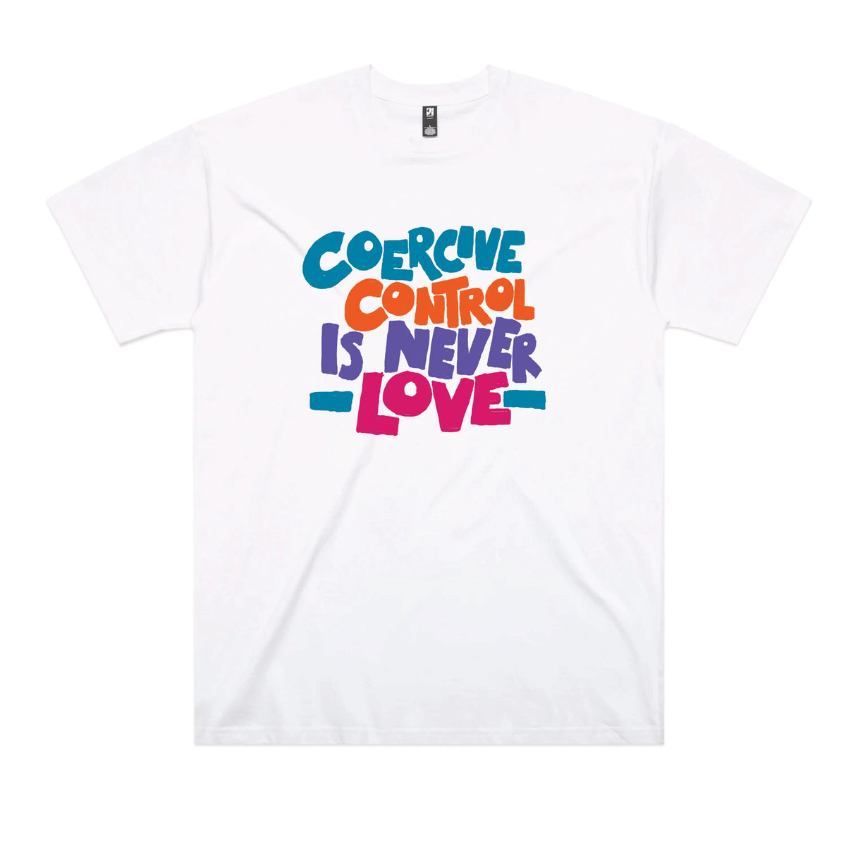 White oversized t-shirt with Coercive Control graphic by Lonely Kids Club