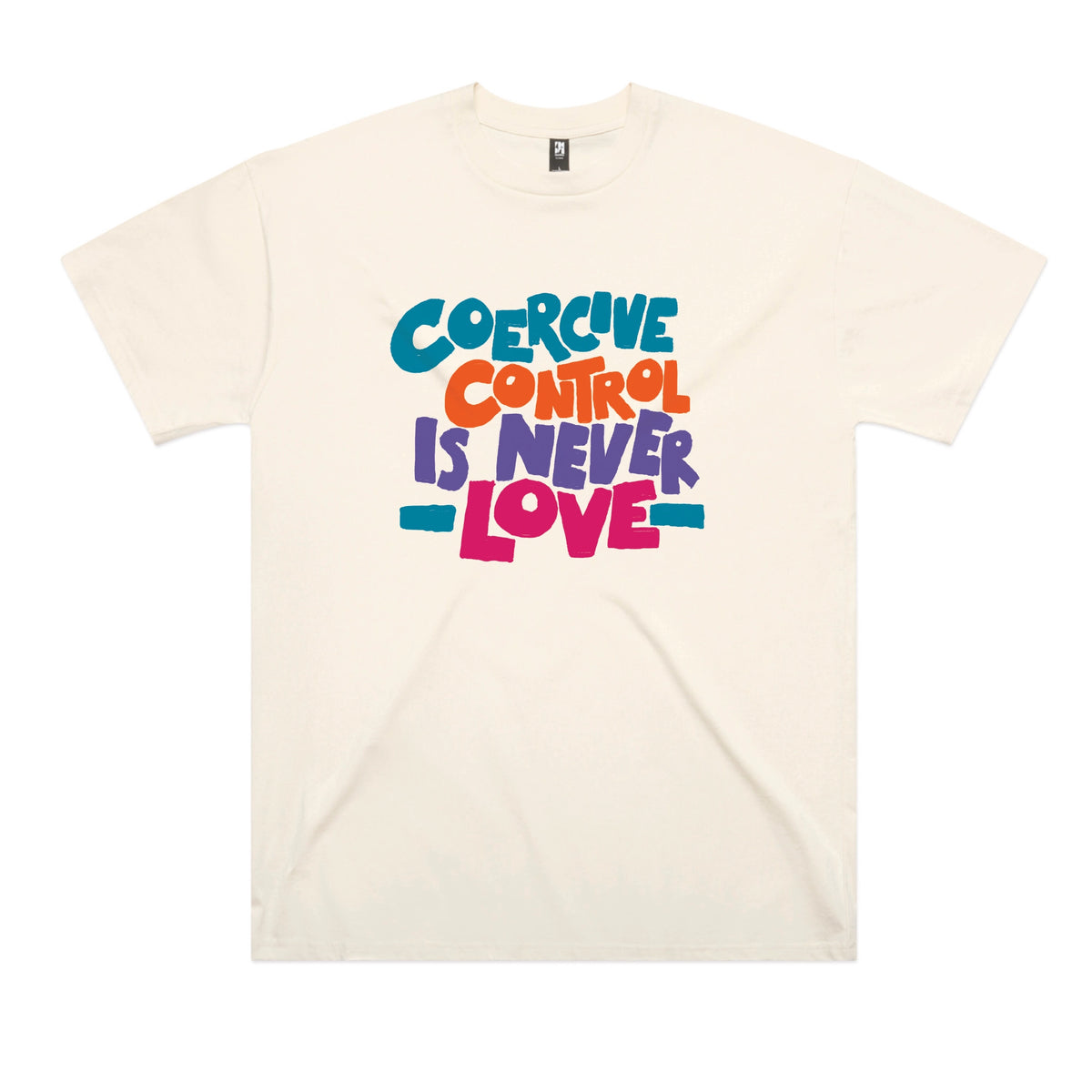 Ecru oversized t-shirt with Coercive Control graphic by Lonely Kids Club