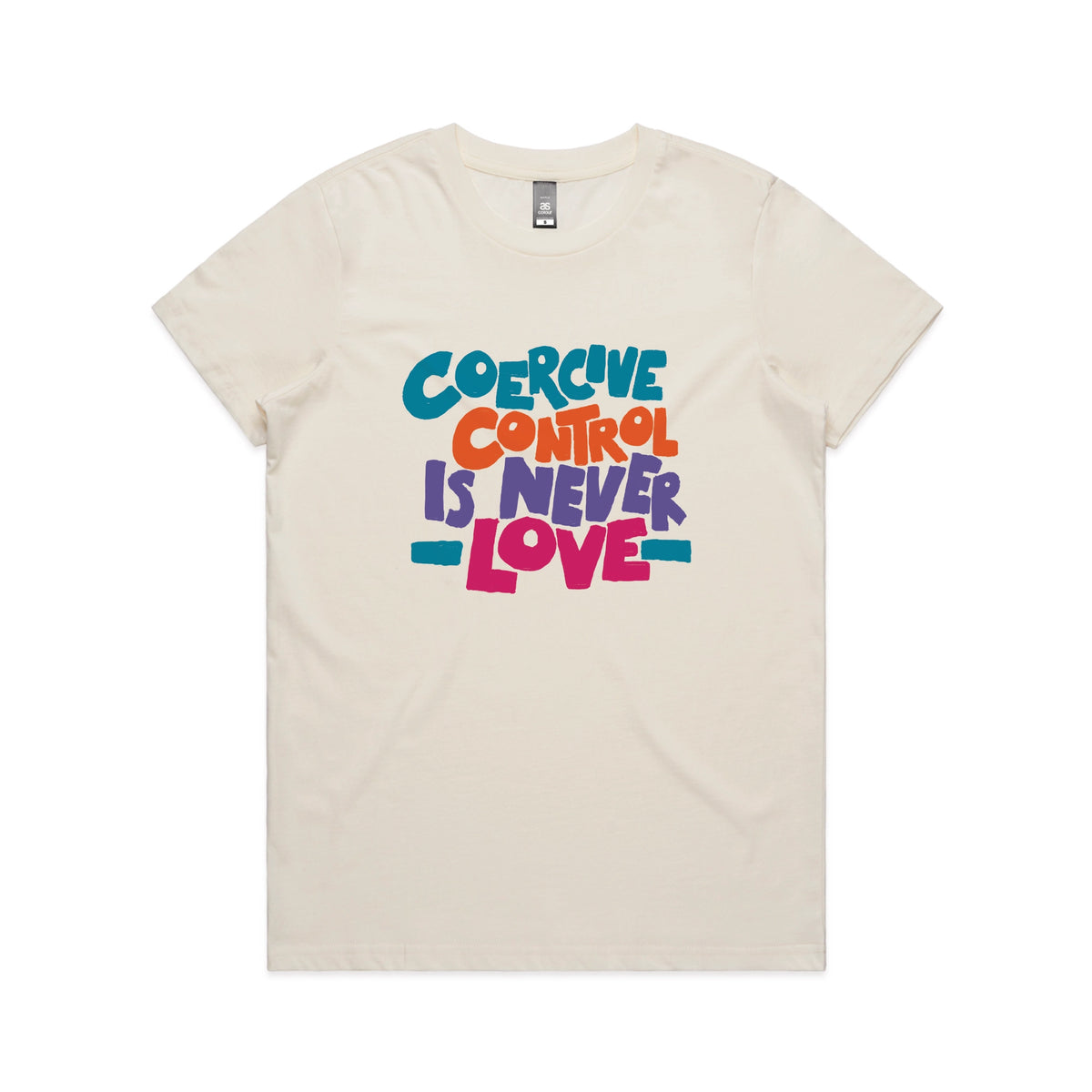Ecru fitted womens t-shirt with Coercive Control graphic by Lonely Kids Club