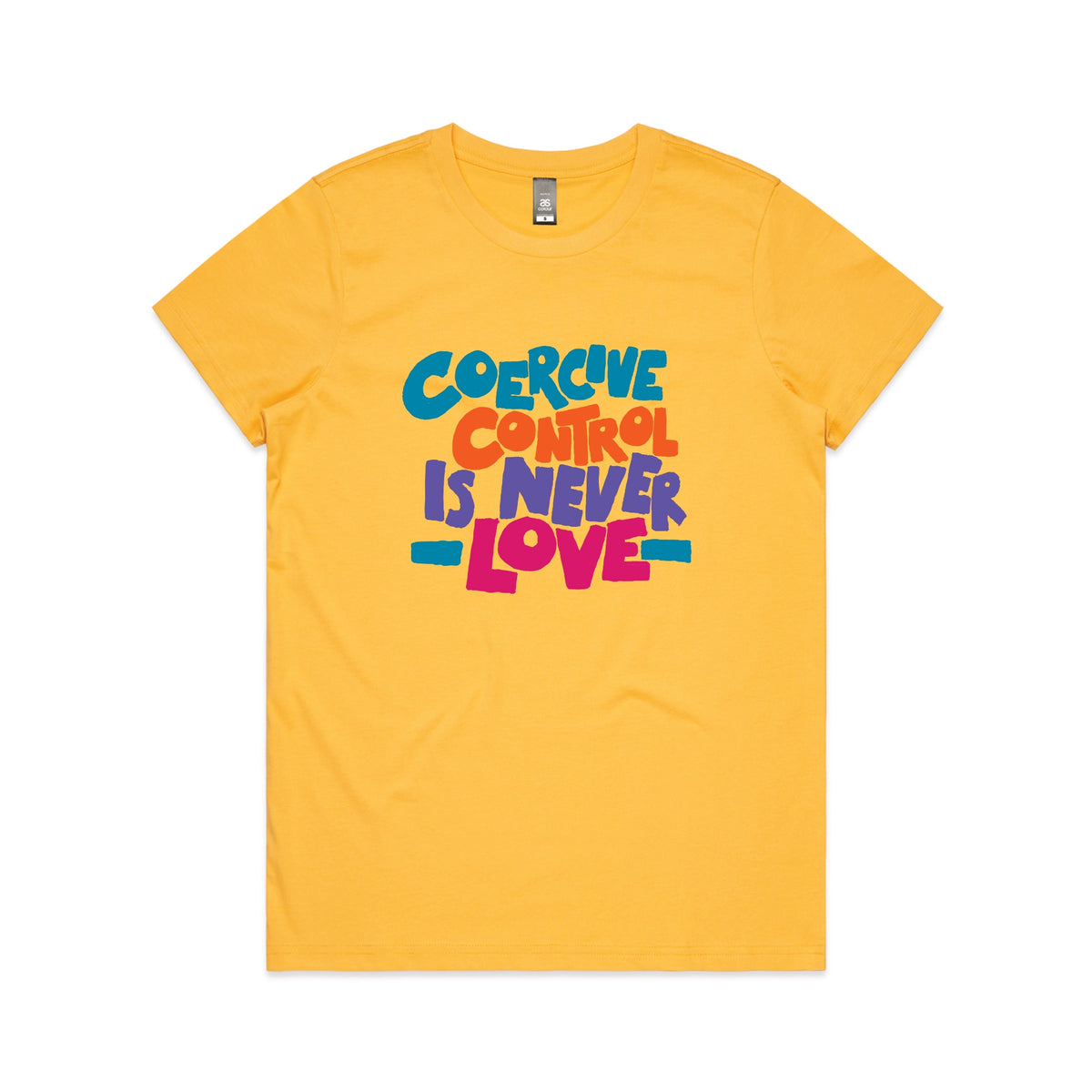 Yellow fitted womens t-shirt with Coercive Control graphic by Lonely Kids Club
