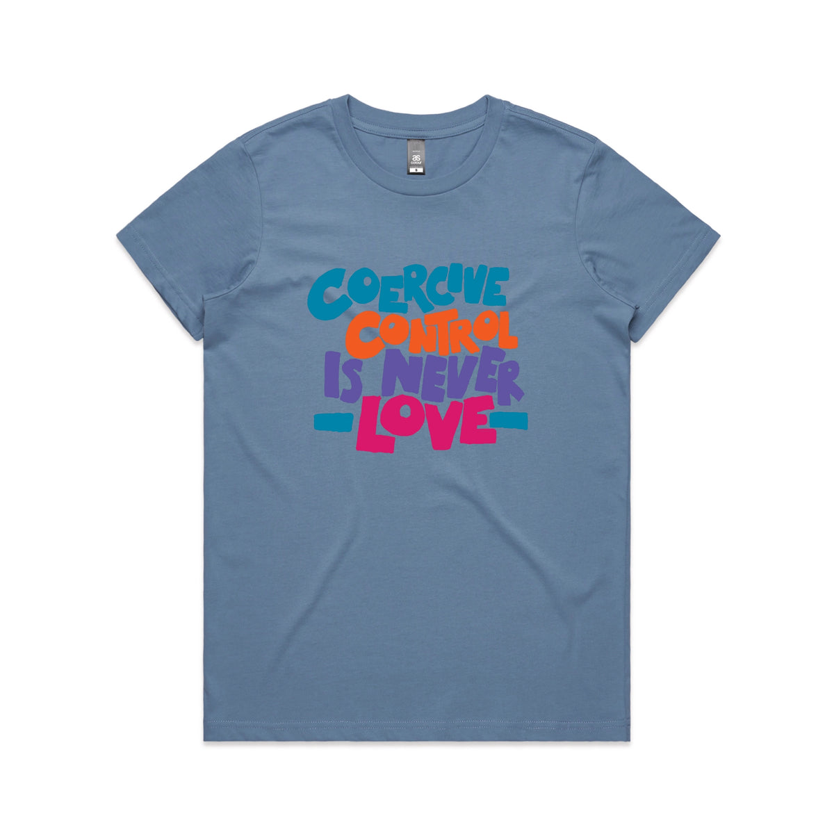 Carolina Blue fitted womens t-shirt with Coercive Control graphic by Lonely Kids Club