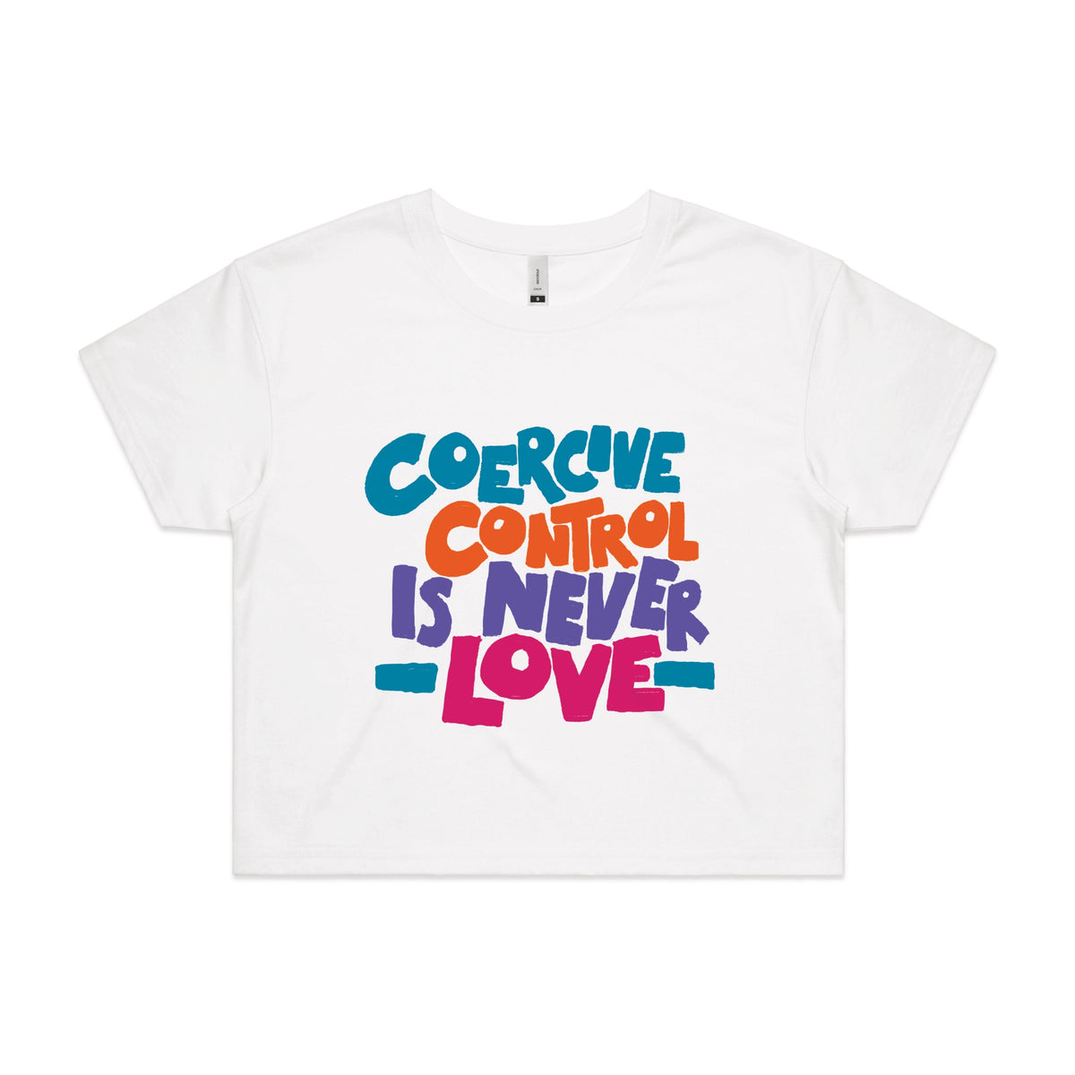 White crop top with Coercive Control graphic by Lonely Kids Club