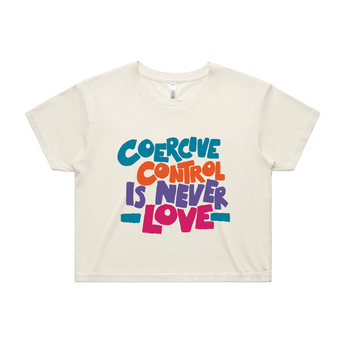 Ecru crop top with Coercive Control graphic by Lonely Kids Club