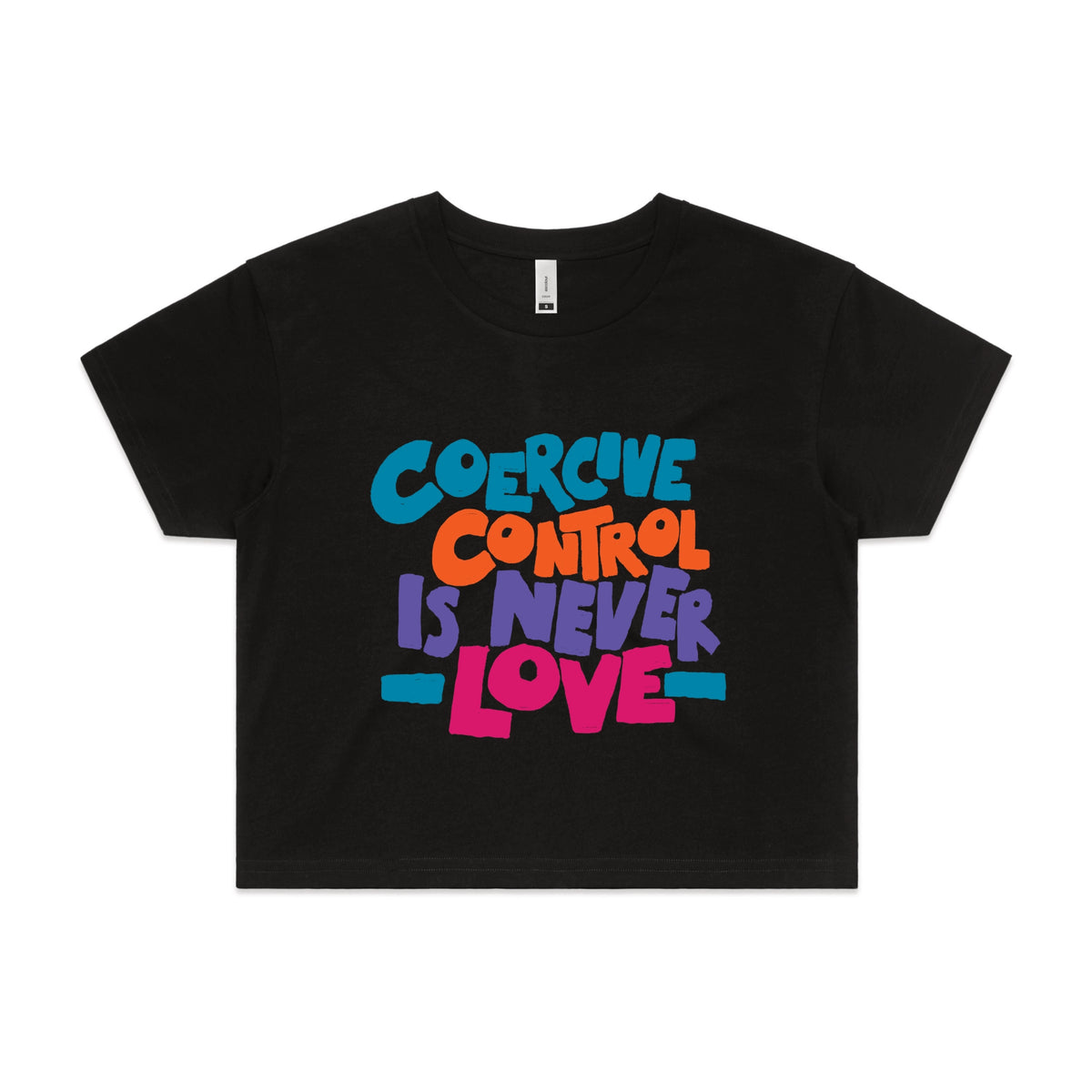 Black crop top with Coercive Control graphic by Lonely Kids Club