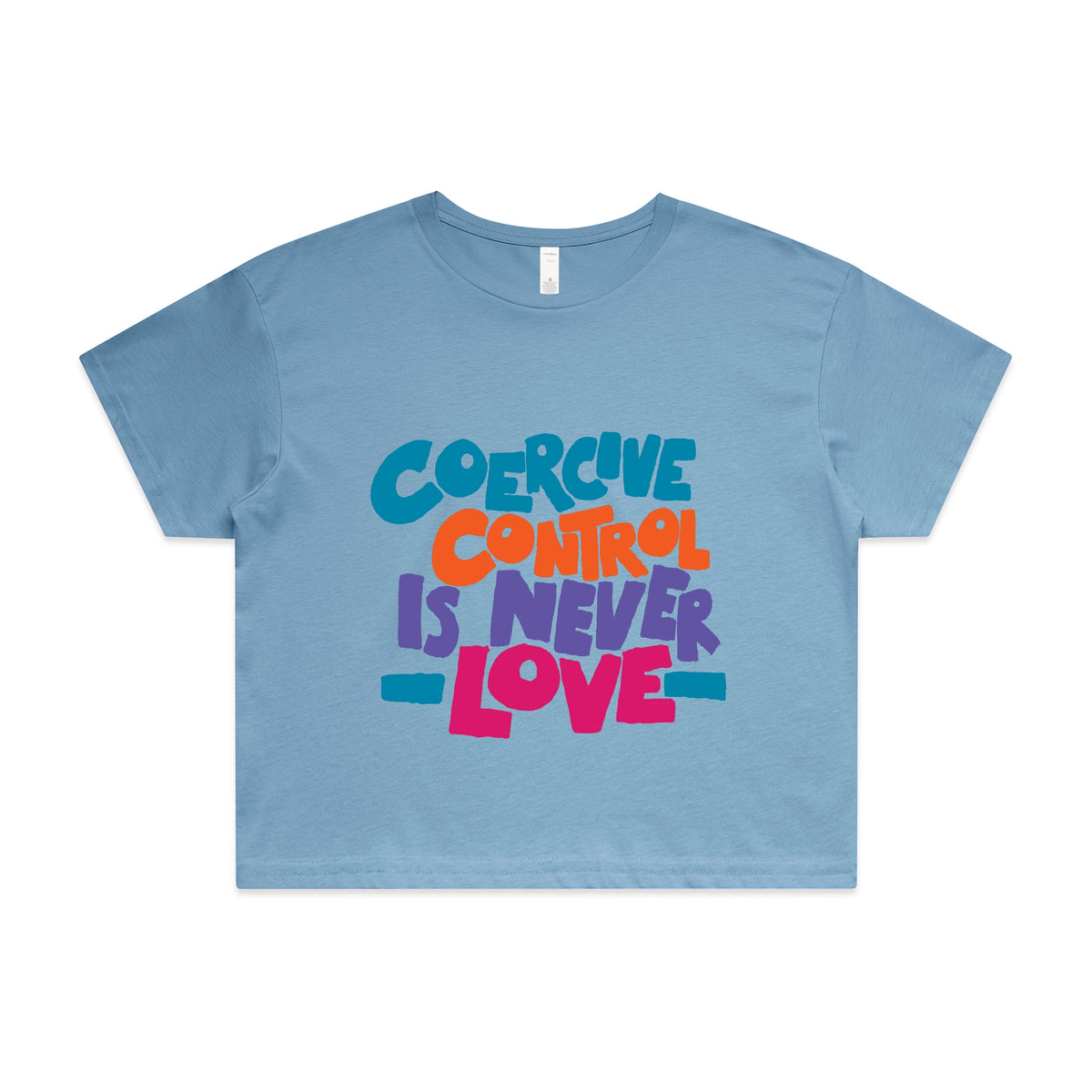 Carolina Blue crop top with Coercive Control graphic by Lonely Kids Club