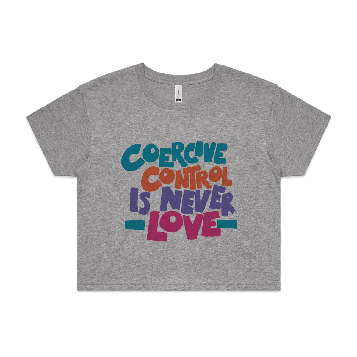 Grey Marle crop top with Coercive Control graphic by Lonely Kids Club