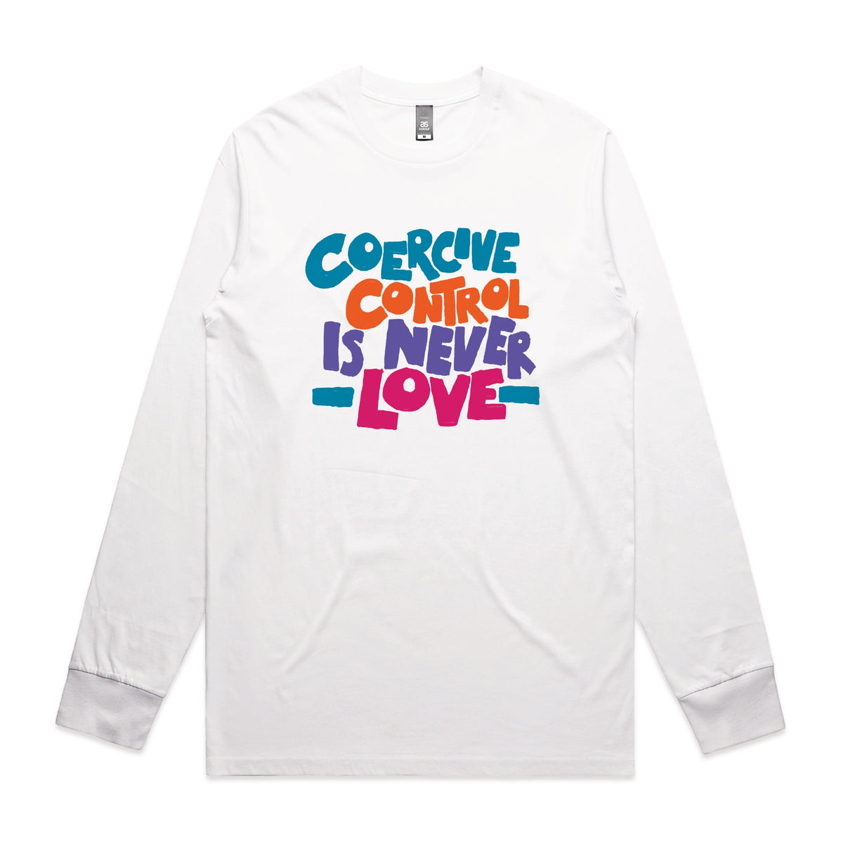 White long sleeve t-shirt with Coercive Control graphic by Lonely Kids Club