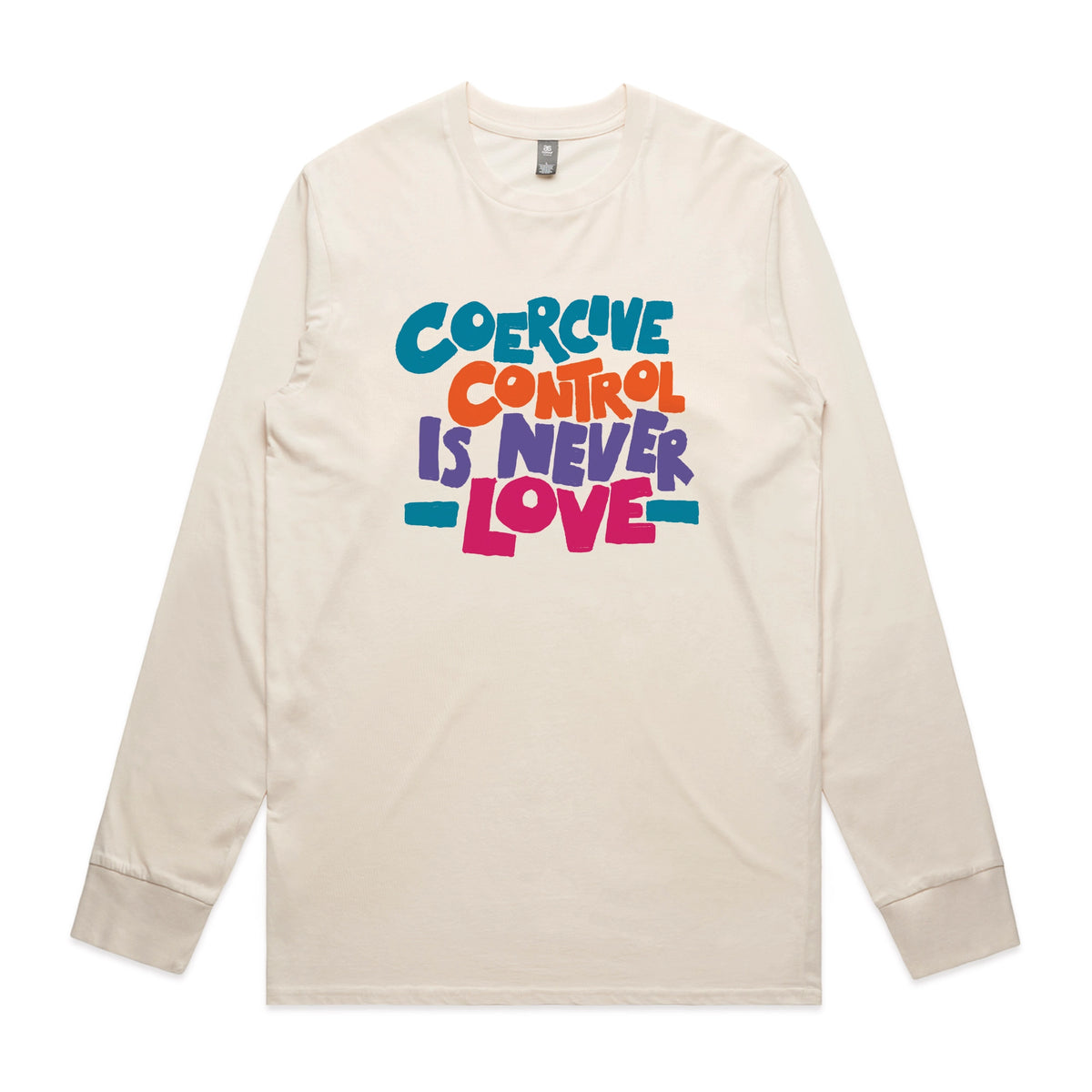 Ecru long sleeve t-shirt with Coercive Control graphic by Lonely Kids Club