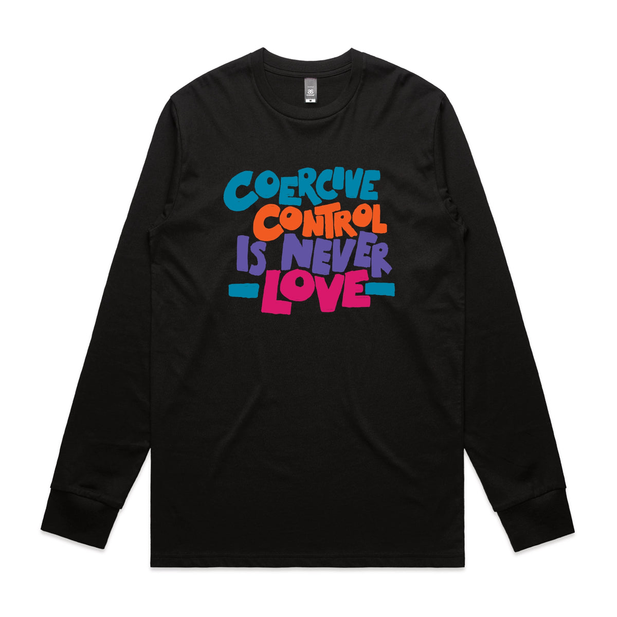 Black long sleeve t-shirt with Coercive Control graphic by Lonely Kids Club
