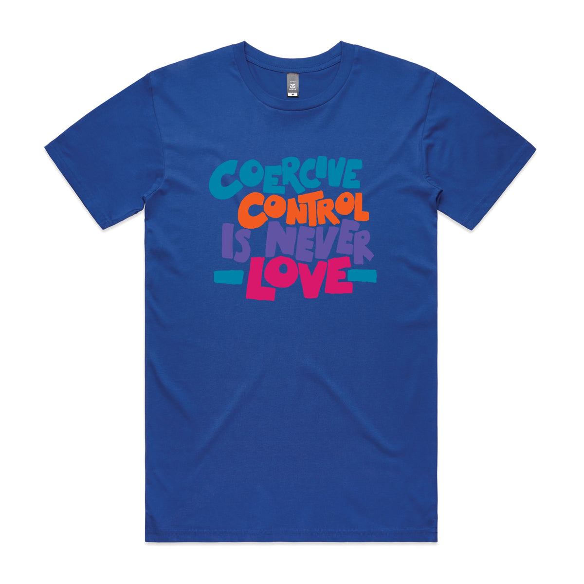 Royal Blue unisex t-shirt with Coercive Control graphic by Lonely Kids Club