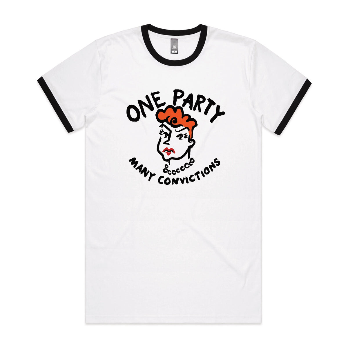 Black/White Ringer unisex t-shirt with Many Convictions graphic by Lonely Kids Club