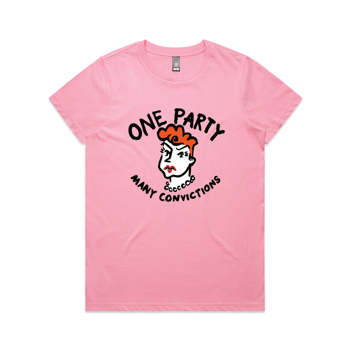 Bubblegum fitted womens t-shirt with Many Convictions graphic by Lonely Kids Club
