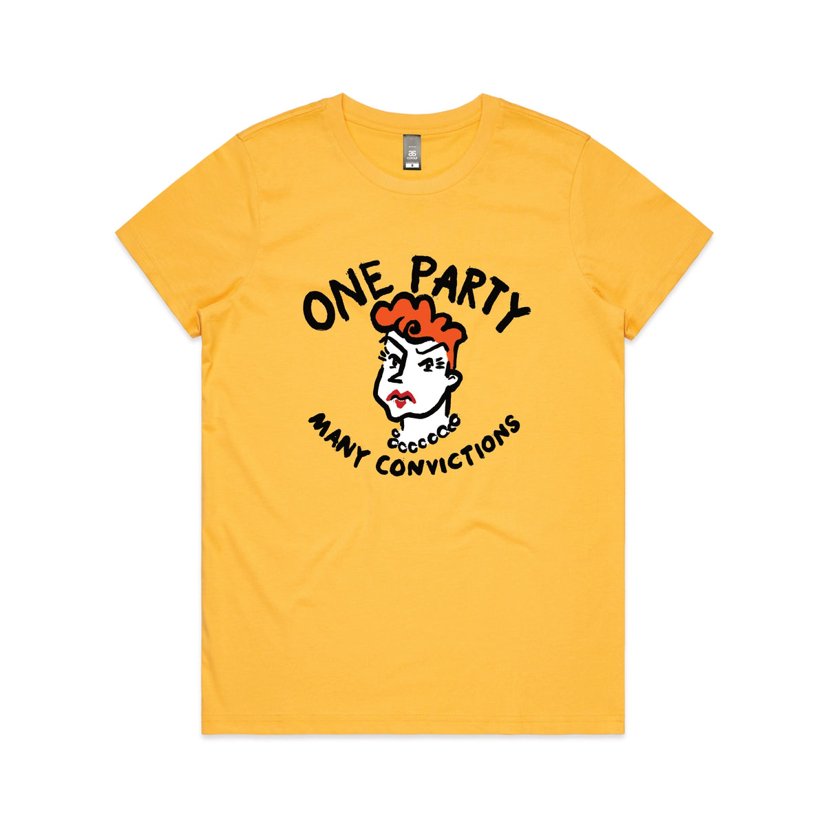 Yellow fitted womens t-shirt with Many Convictions graphic by Lonely Kids Club
