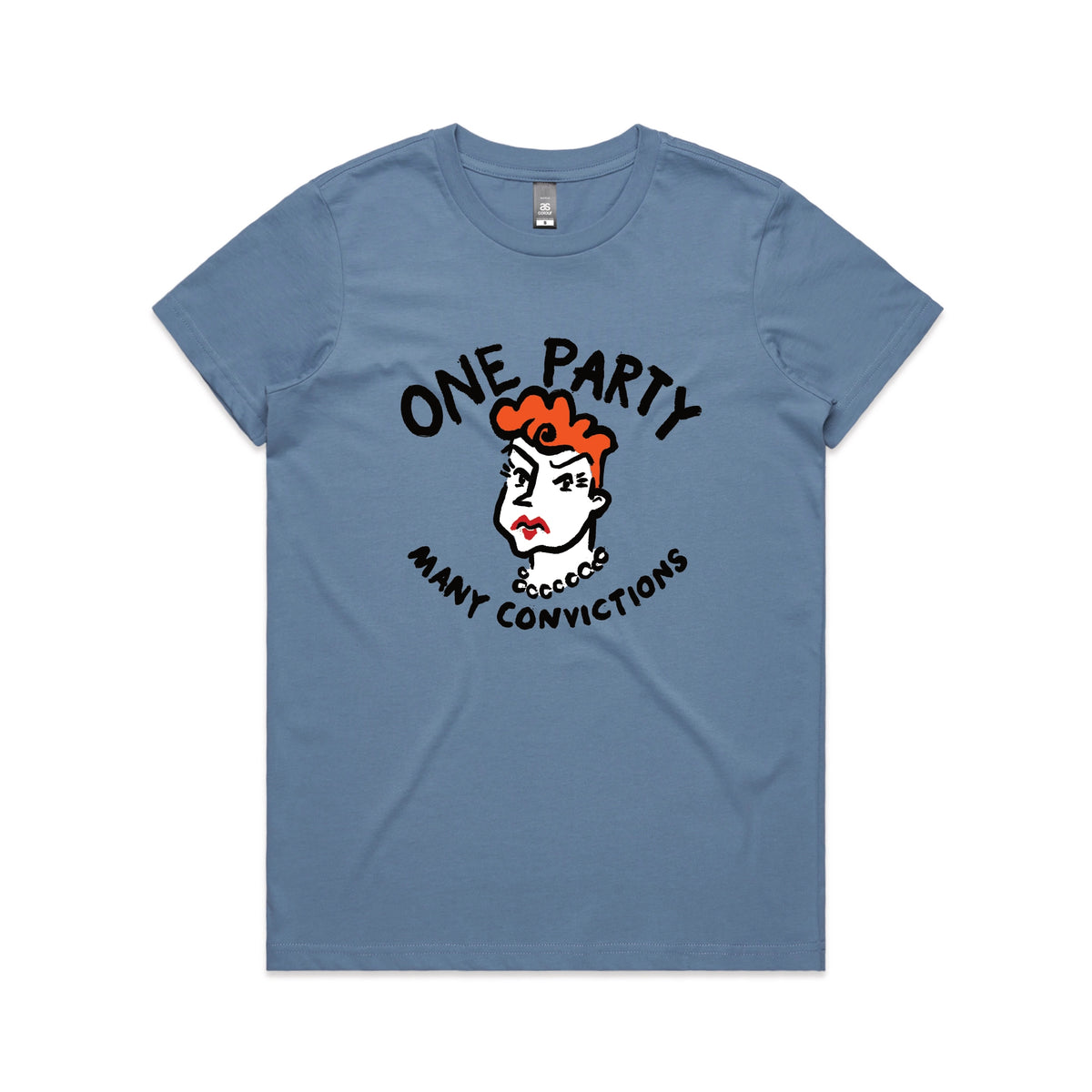 Carolina Blue fitted womens t-shirt with Many Convictions graphic by Lonely Kids Club