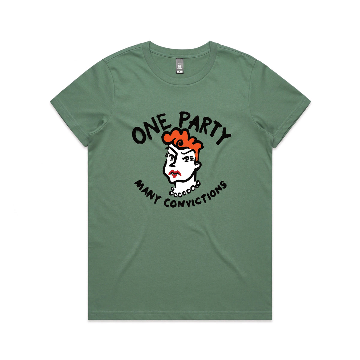 Sage fitted womens t-shirt with Many Convictions graphic by Lonely Kids Club