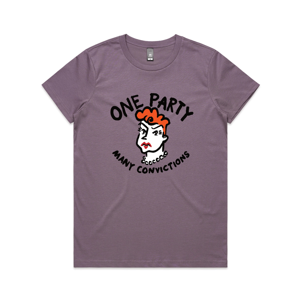Mauve fitted womens t-shirt with Many Convictions graphic by Lonely Kids Club