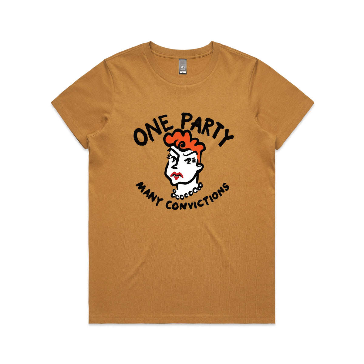 Camel fitted womens t-shirt with Many Convictions graphic by Lonely Kids Club