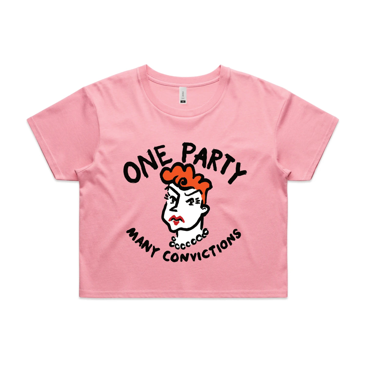 Bubblegum crop top with Many Convictions graphic by Lonely Kids Club