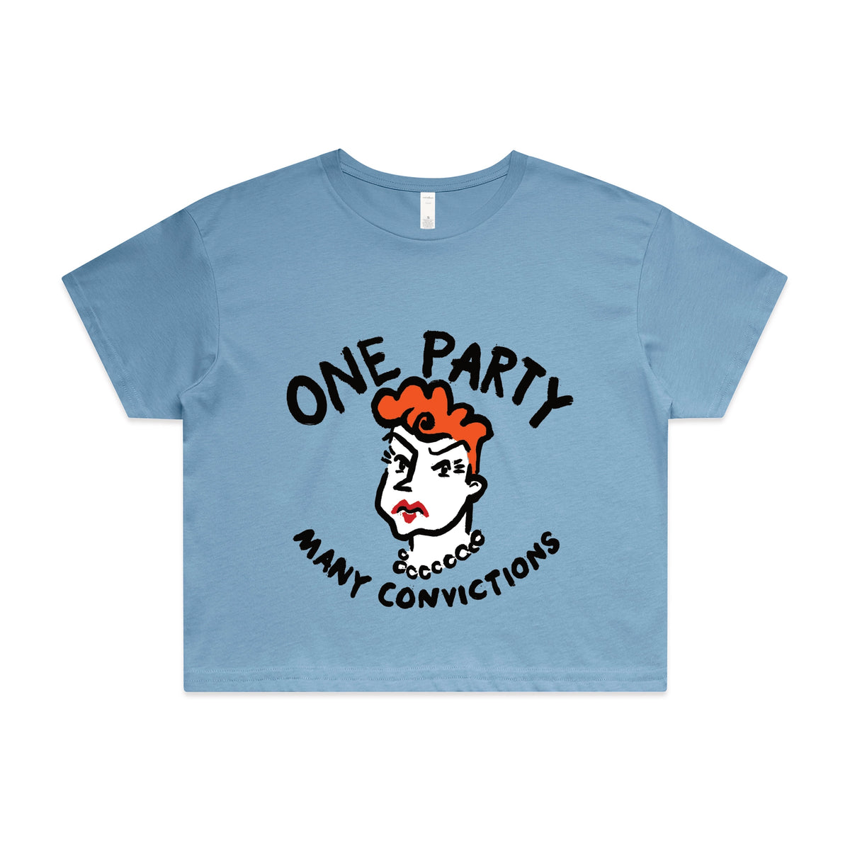 Carolina Blue crop top with Many Convictions graphic by Lonely Kids Club