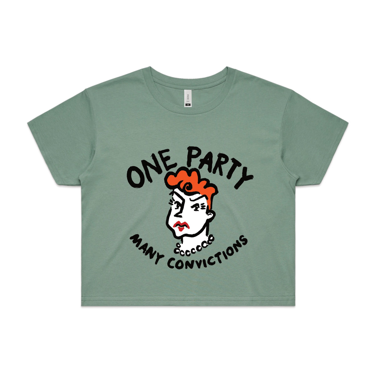 Sage crop top with Many Convictions graphic by Lonely Kids Club