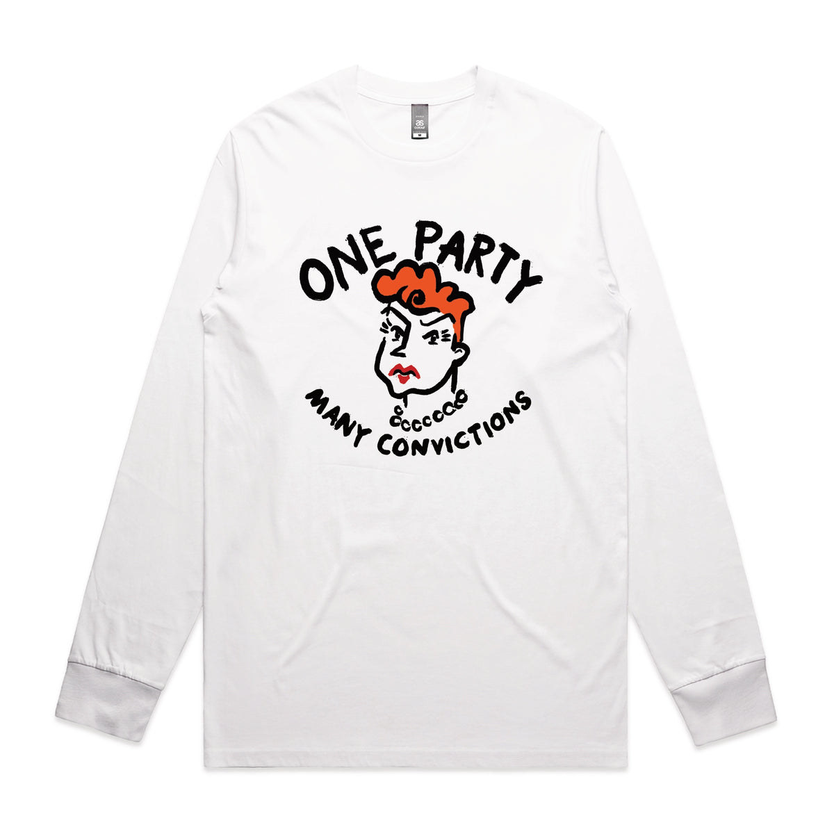 White long sleeve t-shirt with Many Convictions graphic by Lonely Kids Club