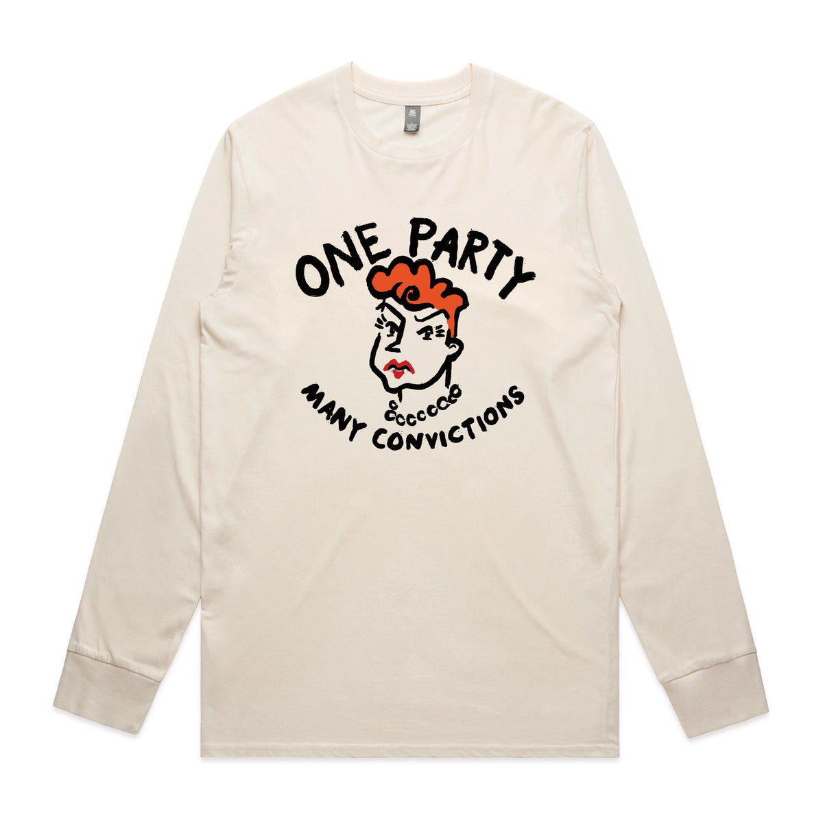 Ecru long sleeve t-shirt with Many Convictions graphic by Lonely Kids Club