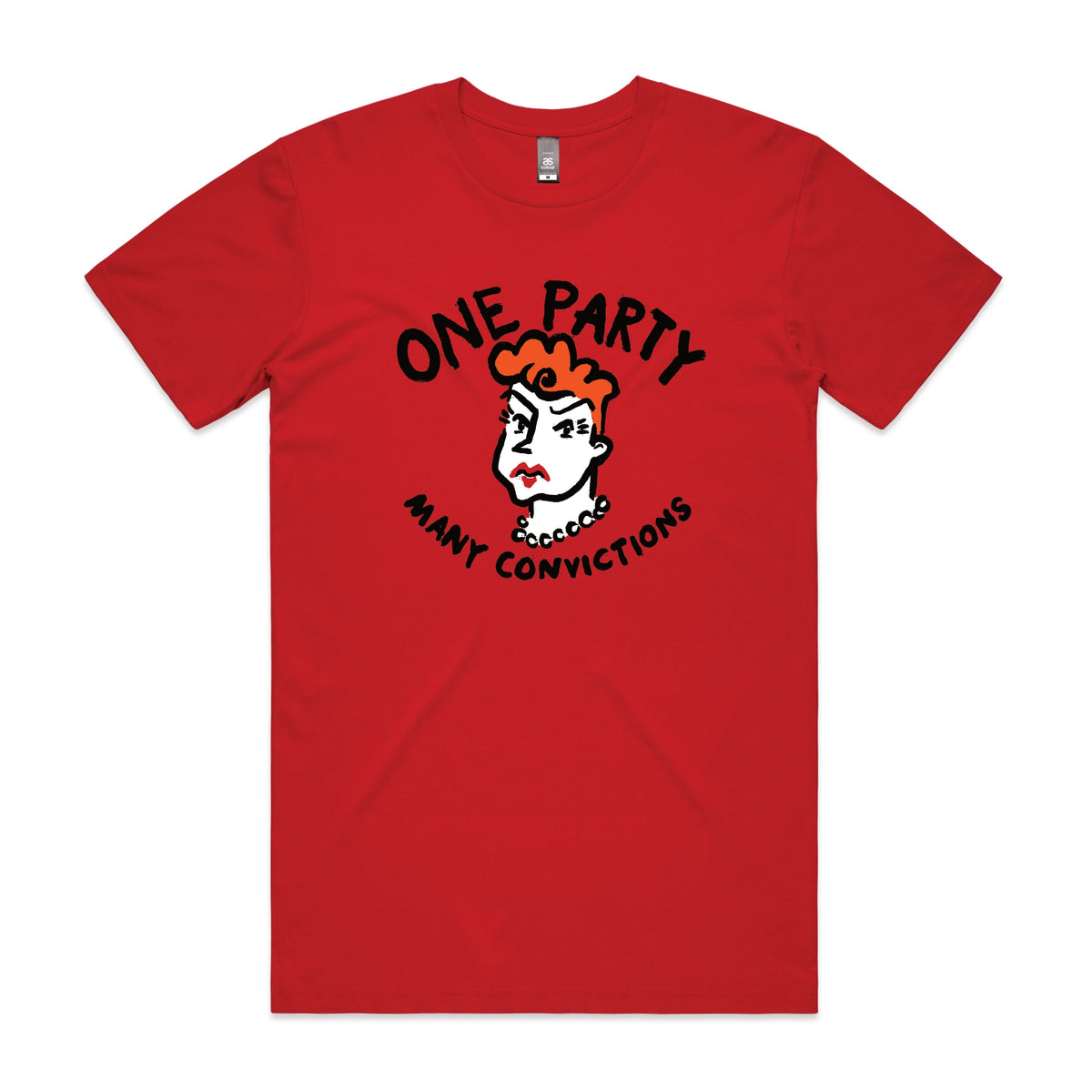 Red unisex t-shirt with Many Convictions graphic by Lonely Kids Club