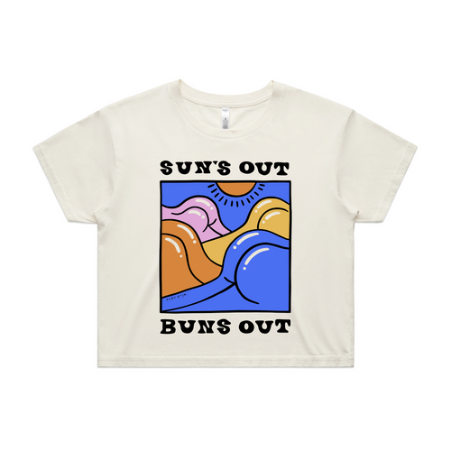 Suns Out Buns Out Tee by Lonely Kids Club. All clothing from our T-shirts to our shorts and hoodies are ethically made, and printed packed and shipped from Sydney.