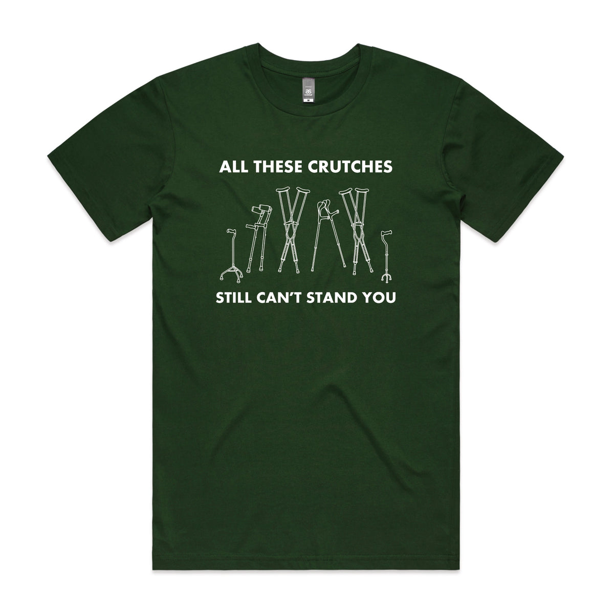 Forest Green unisex t-shirt with All These Crutches graphic by Lonely Kids Club