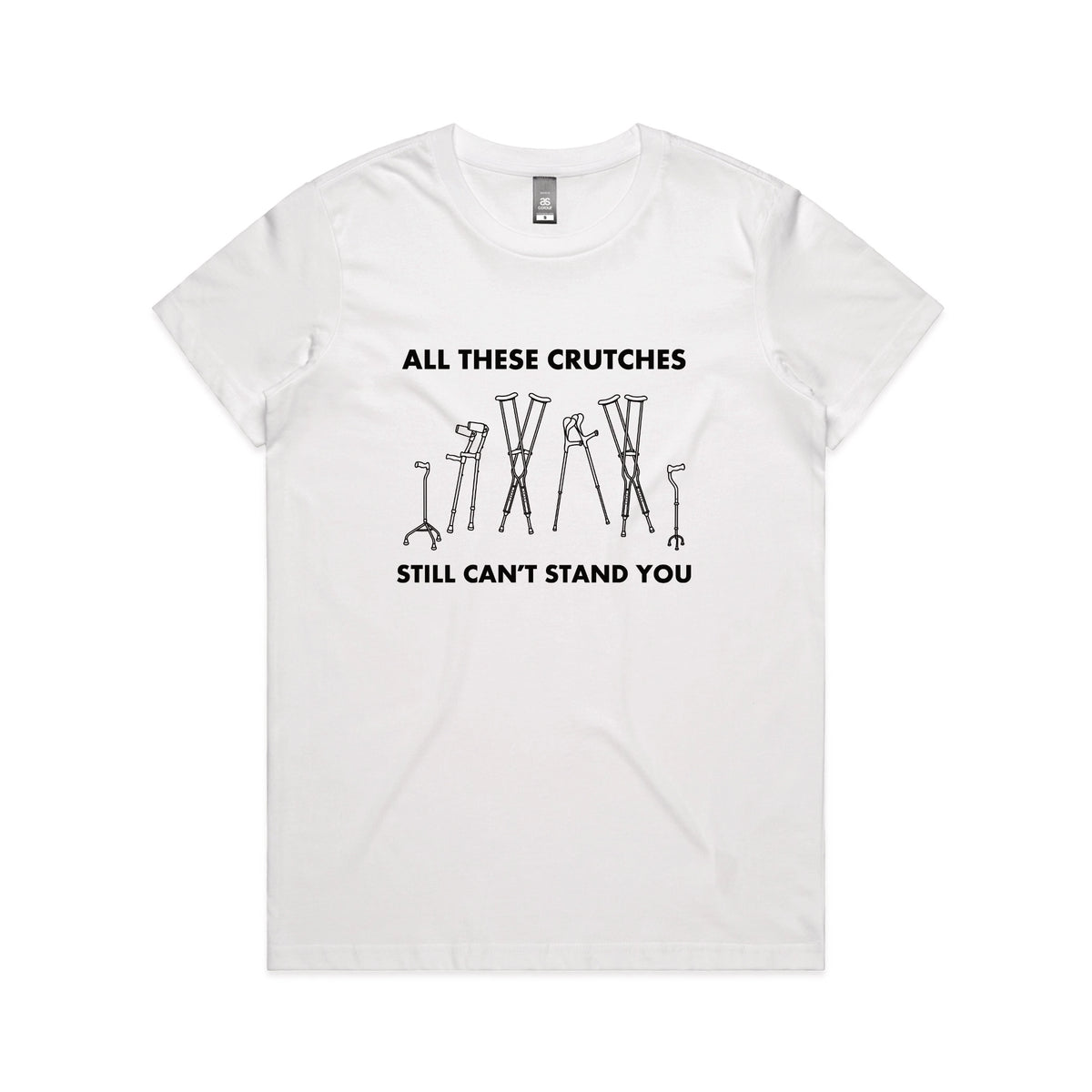 White fitted womens t-shirt with All These Crutches graphic by Lonely Kids Club
