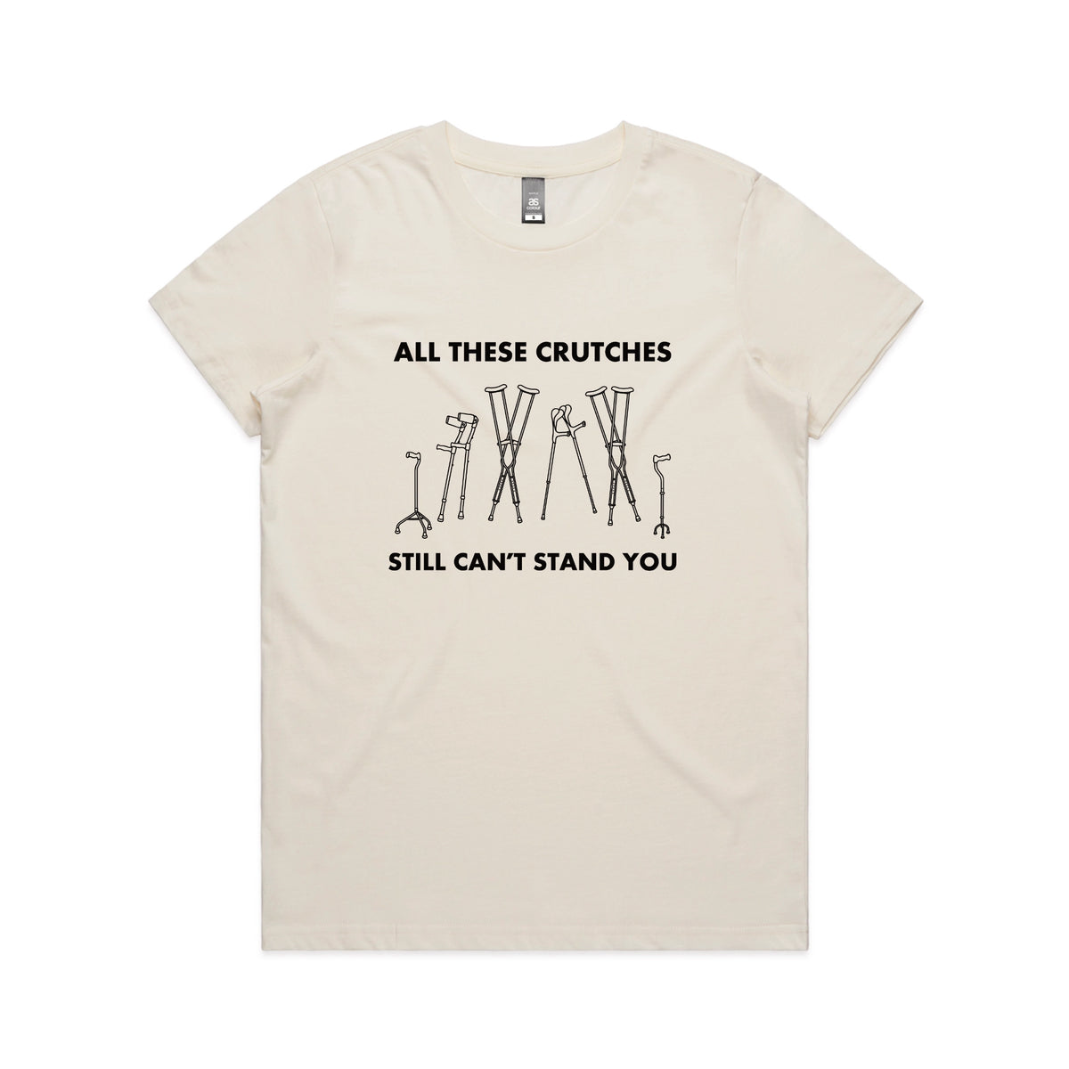 Ecru fitted womens t-shirt with All These Crutches graphic by Lonely Kids Club