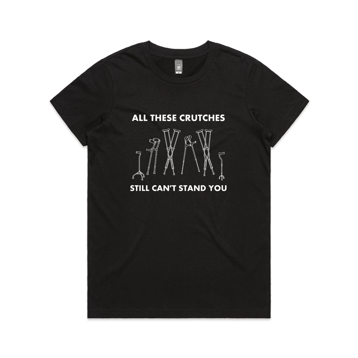 Black fitted womens t-shirt with All These Crutches graphic by Lonely Kids Club