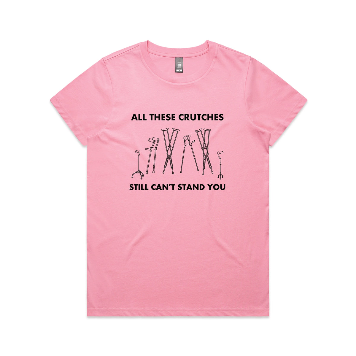 Bubblegum fitted womens t-shirt with All These Crutches graphic by Lonely Kids Club