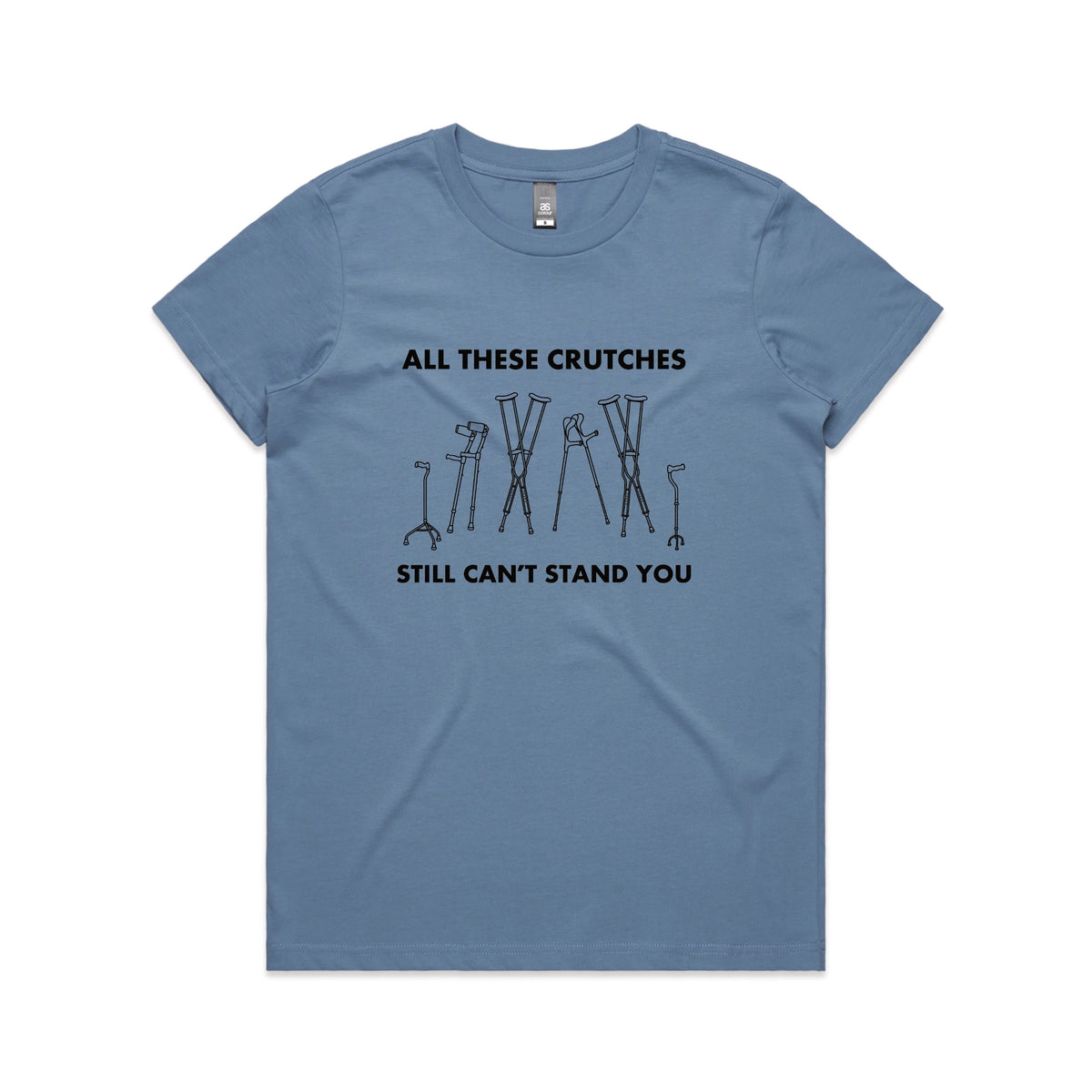 Carolina Blue fitted womens t-shirt with All These Crutches graphic by Lonely Kids Club
