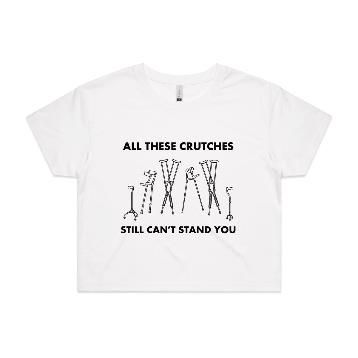 White crop top with All These Crutches graphic by Lonely Kids Club