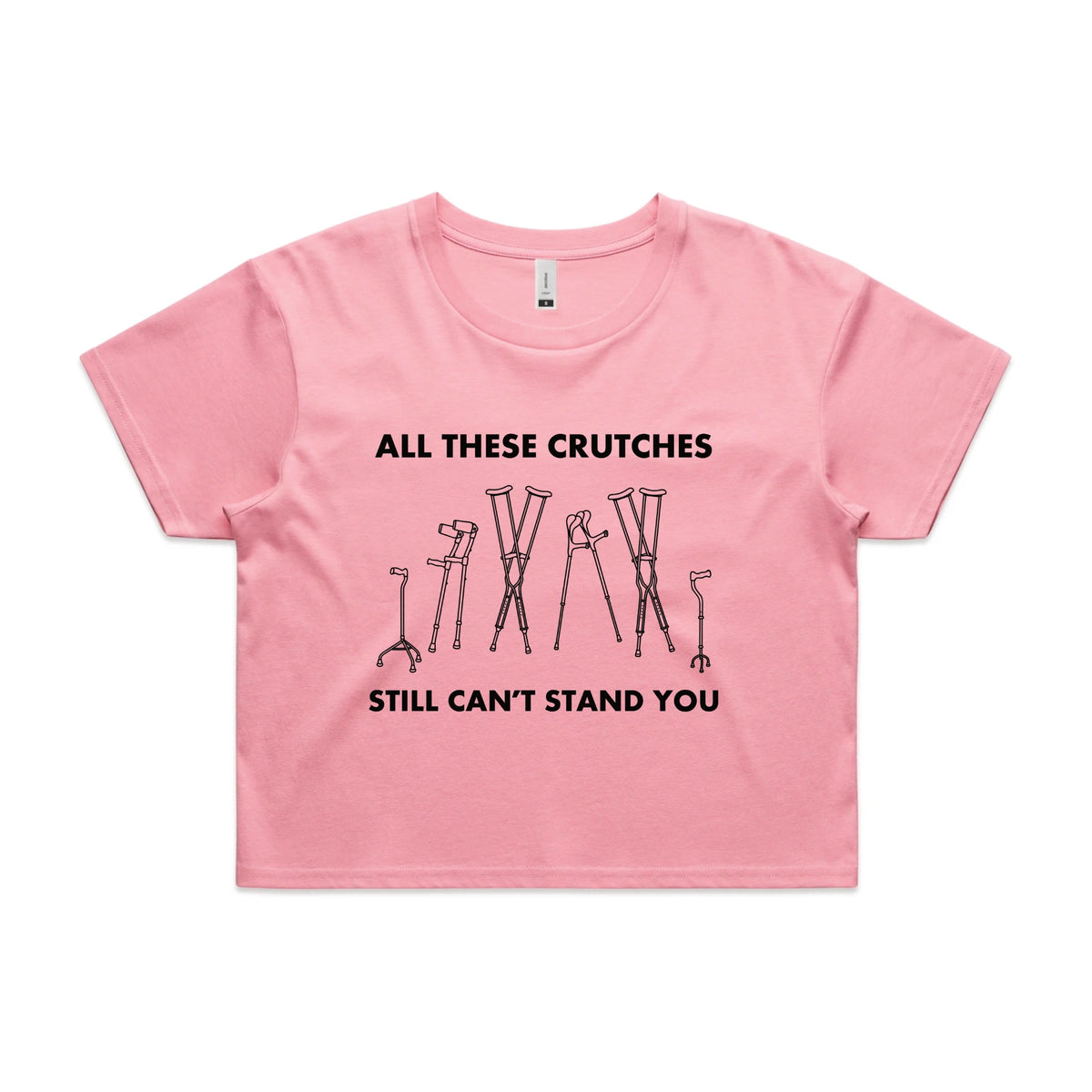 Bubblegum crop top with All These Crutches graphic by Lonely Kids Club