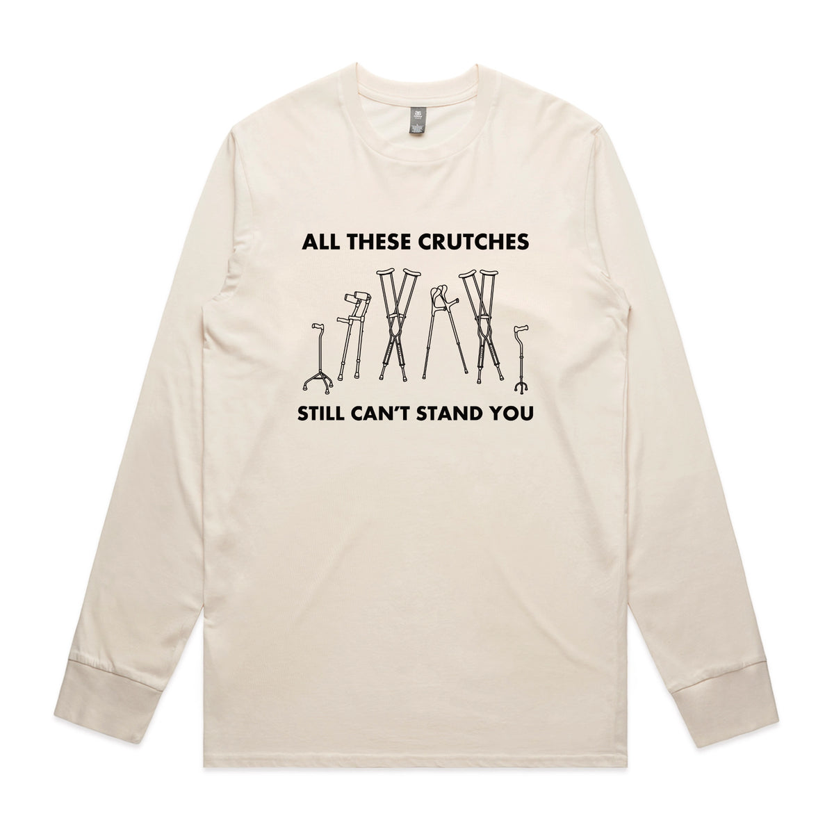 Ecru long sleeve t-shirt with All These Crutches graphic by Lonely Kids Club
