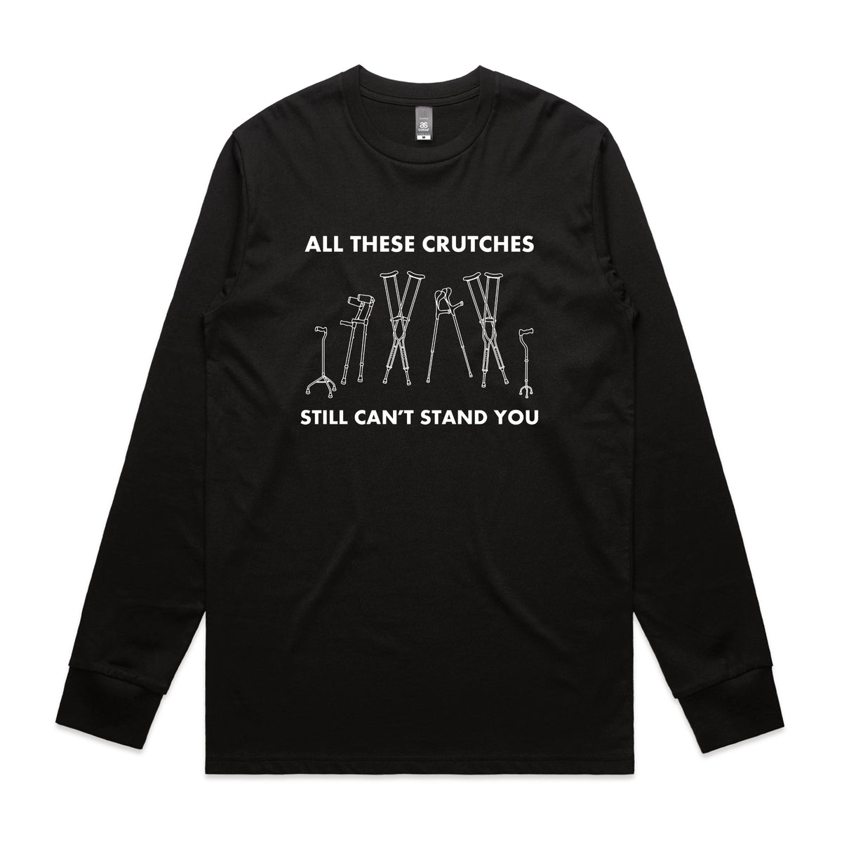 Black long sleeve t-shirt with All These Crutches graphic by Lonely Kids Club