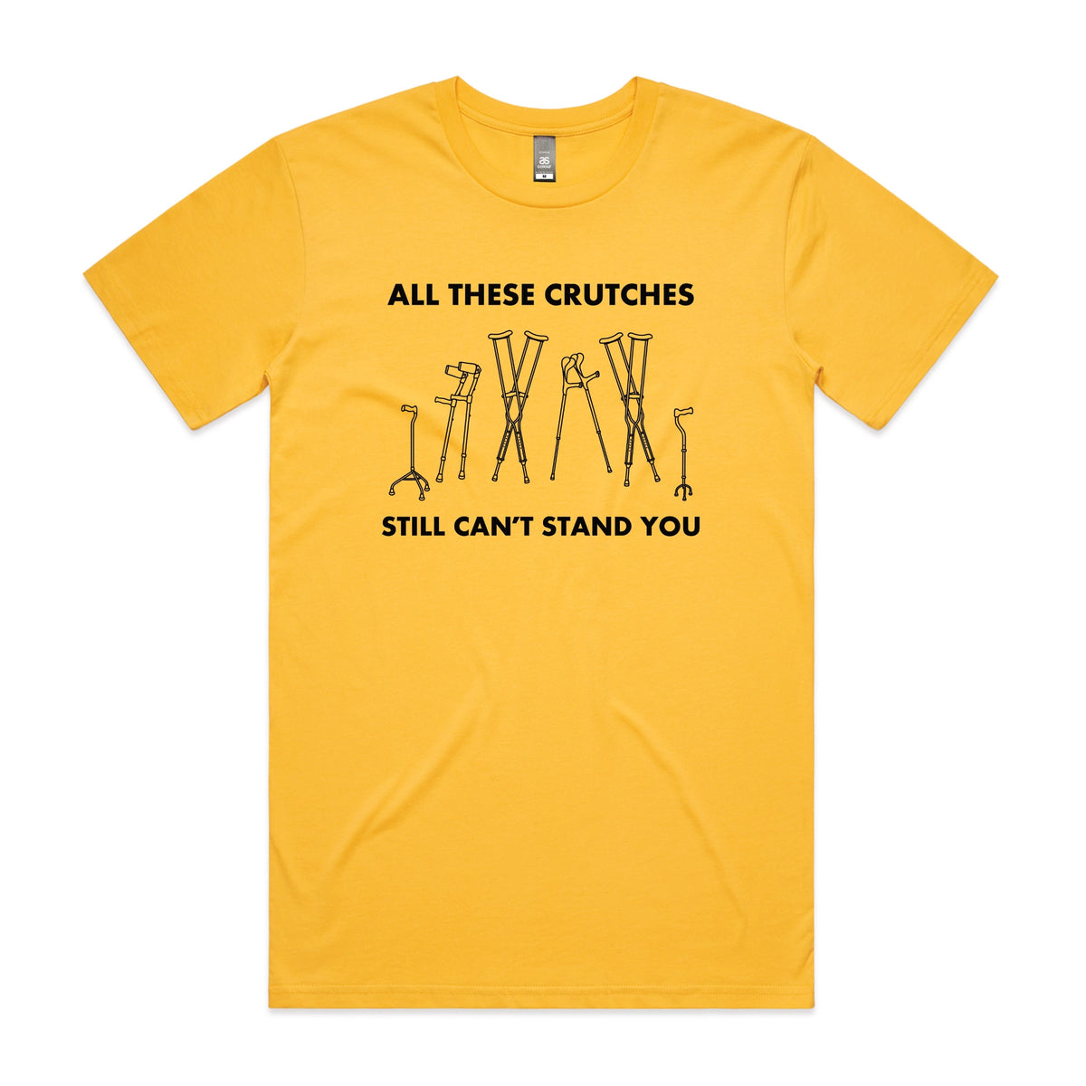 Yellow unisex t-shirt with All These Crutches graphic by Lonely Kids Club