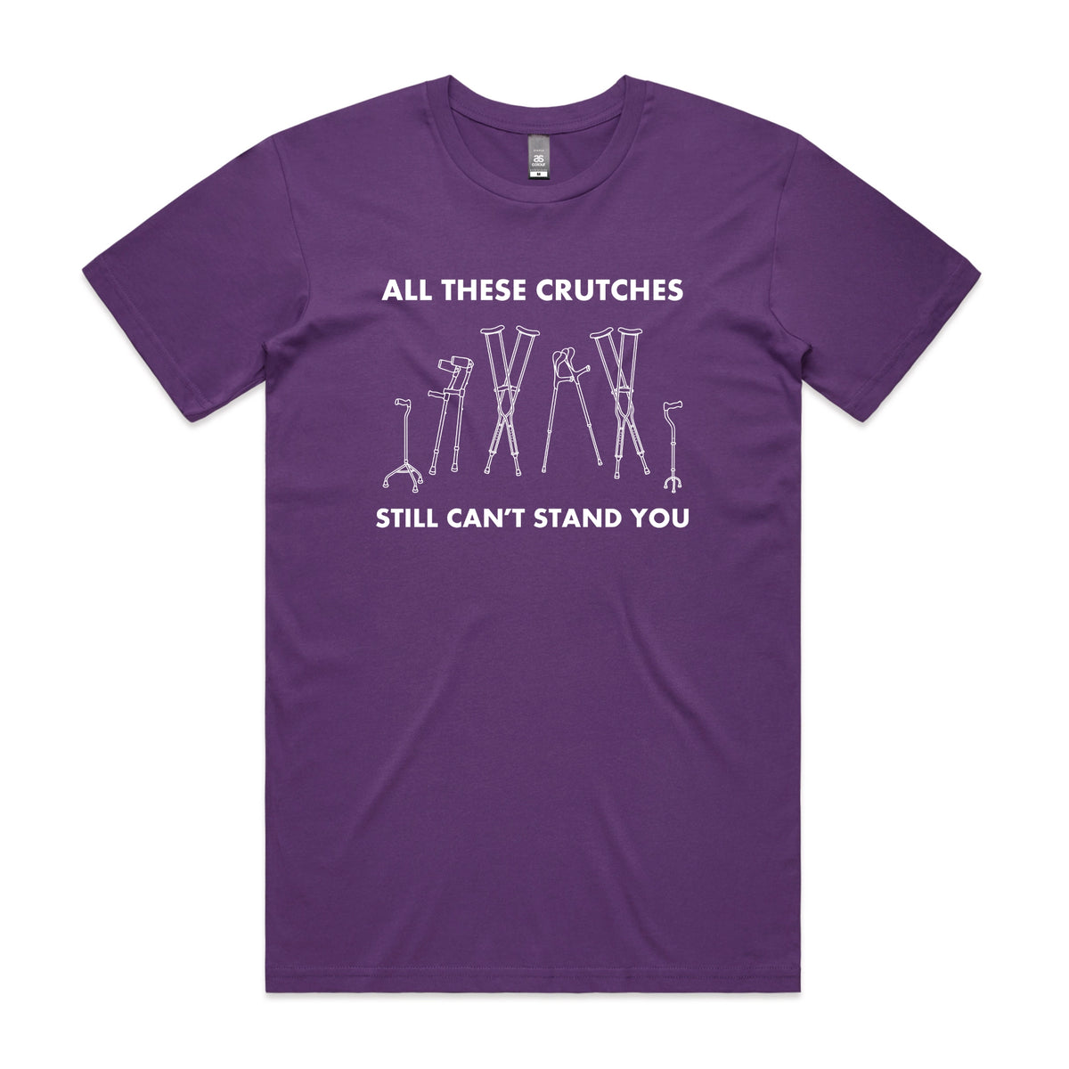 Purple unisex t-shirt with All These Crutches graphic by Lonely Kids Club