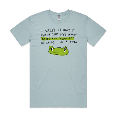 Dazed and Confused Frog Tee by Lonely Kids Club. All clothing from our T-shirts to our shorts and hoodies are ethically made, and printed packed and shipped from Sydney.
