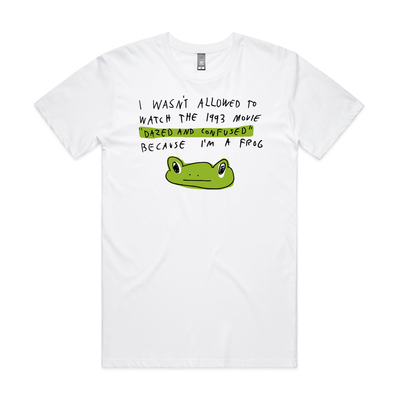 Dazed and Confused Frog Tee by Lonely Kids Club. All clothing from our T-shirts to our shorts and hoodies are ethically made, and printed packed and shipped from Sydney.