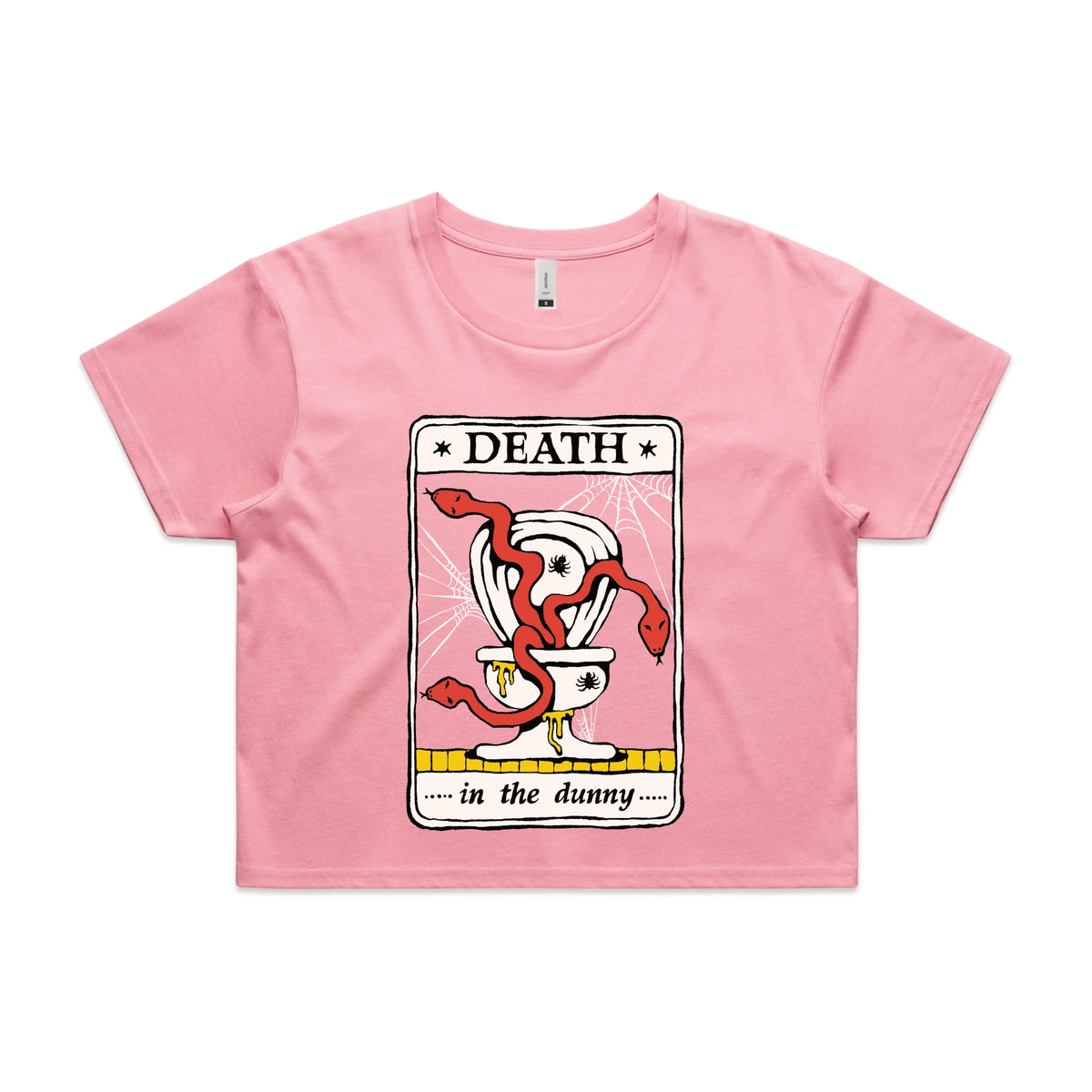 Bubblegum crop top with Death Tarot graphic by Lonely Kids Club