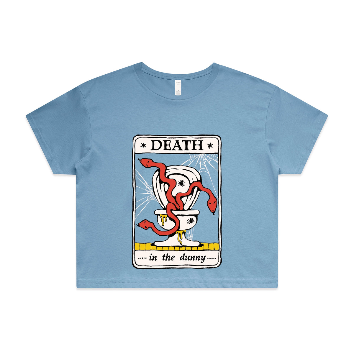 Carolina Blue crop top with Death Tarot graphic by Lonely Kids Club