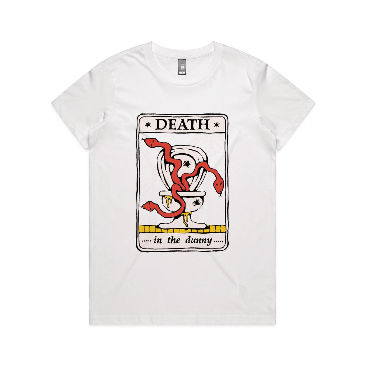White fitted womens t-shirt with Death Tarot graphic by Lonely Kids Club