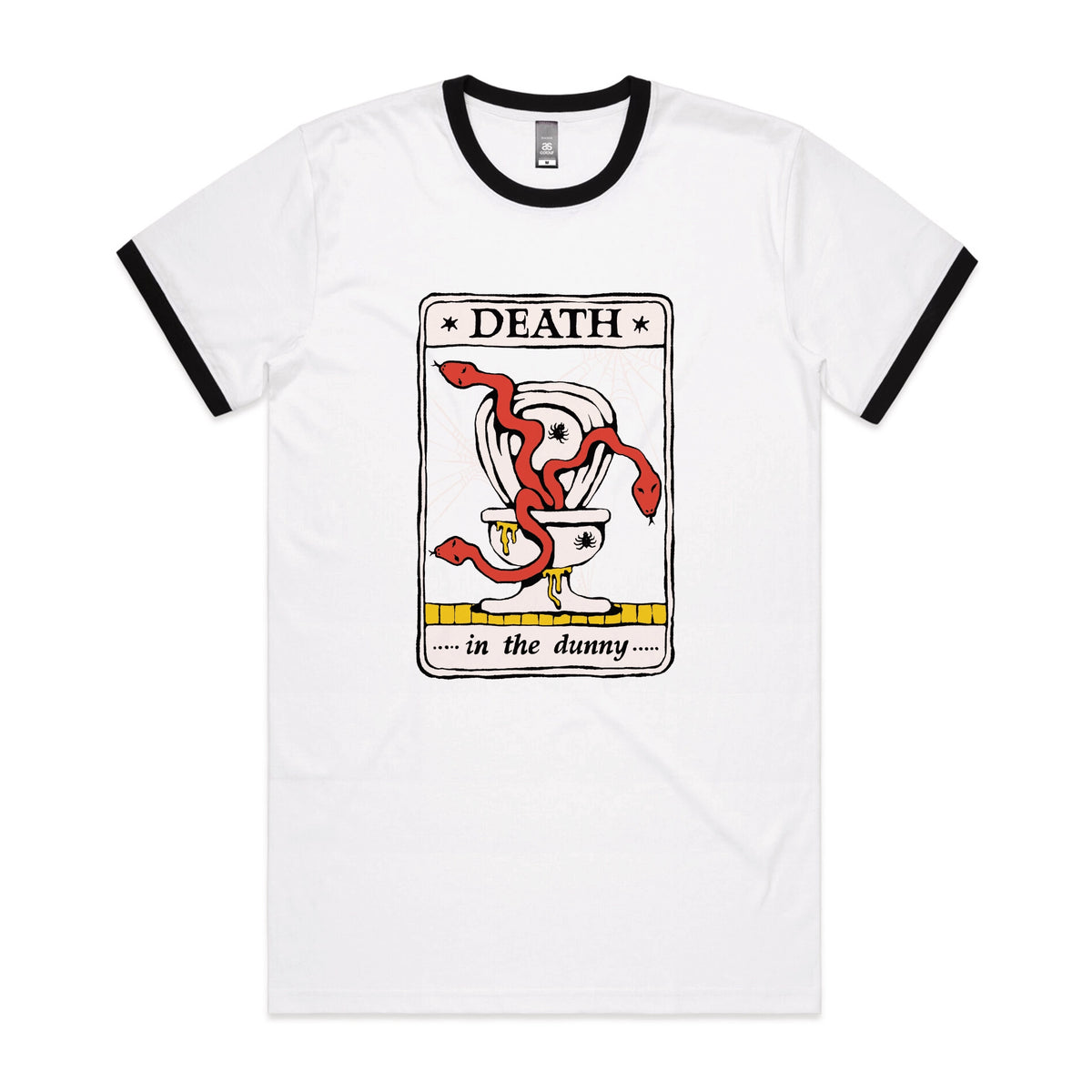 Black/White Ringer unisex t-shirt with Death Tarot graphic by Lonely Kids Club