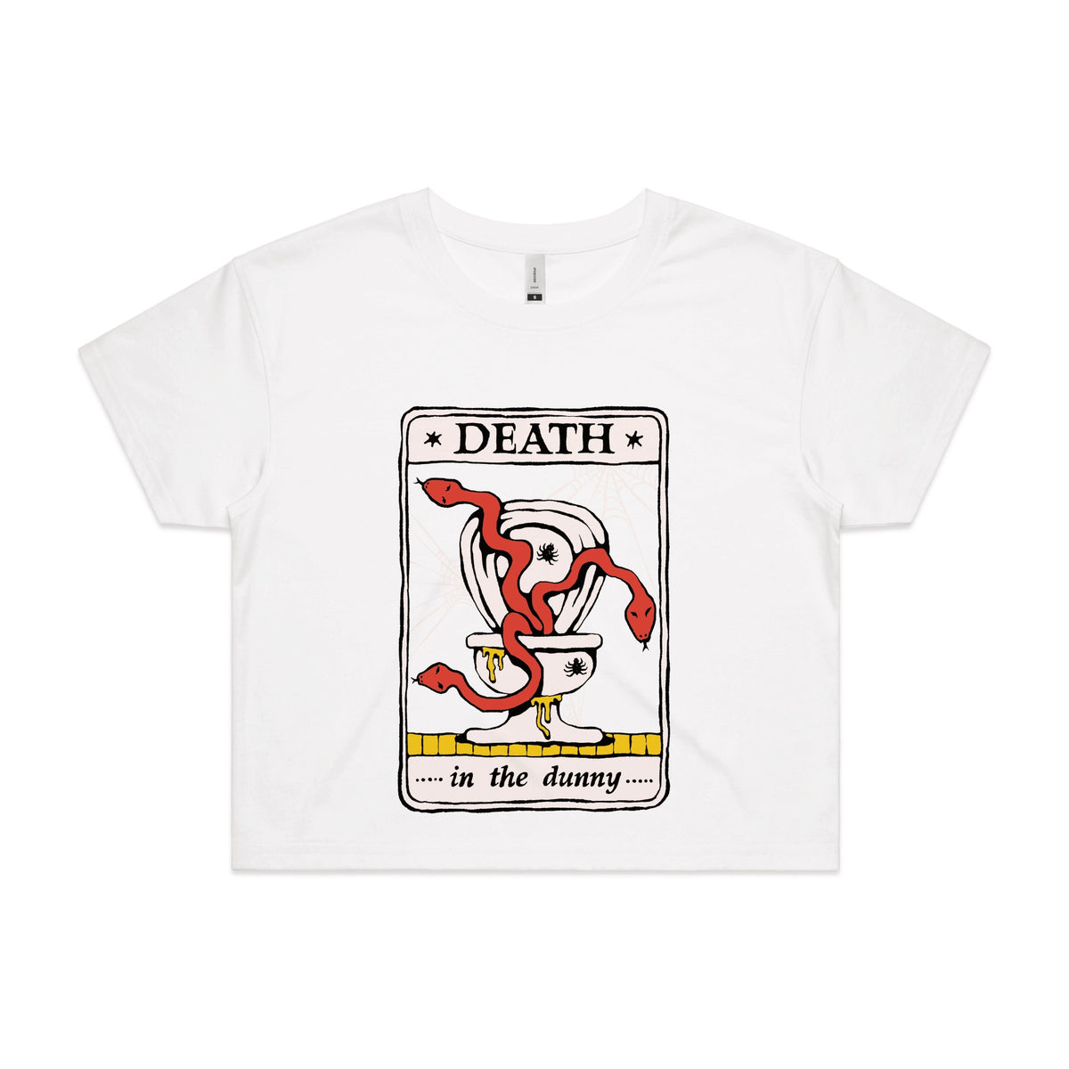 White crop top with Death Tarot graphic by Lonely Kids Club